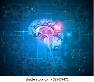 Human brain abstract light blue background with cardiogram, gears and molecules