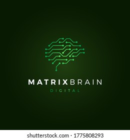 Human Brain, Abstract Logo Digital Microcircuit With Green Lines And Dots, Matrix Brain, Vector Illustration On Black Background