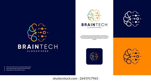 Human brain abstract logo with electric circuit concept, smart technology symbol, design vector template.