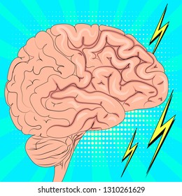 The human brain is actively working. Pop art background. Imitation of comics style. Vector illustration