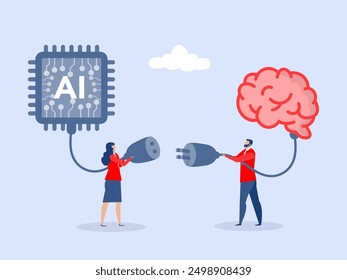 Cerebro humano con unidad de procesamiento de chip ai. Personas Inteligencia artificial humana y ai trabajando juntos, máquina o automatización para ayudar o Asistencia trabajo, solución o conectar concepto de idea, Vector