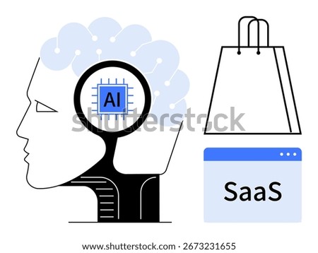 Human brain with AI chip, shopping bag depiction, and SaaS software window. Ideal for AI, retail, SaaS, technology, innovation business online shopping. Line metaphor
