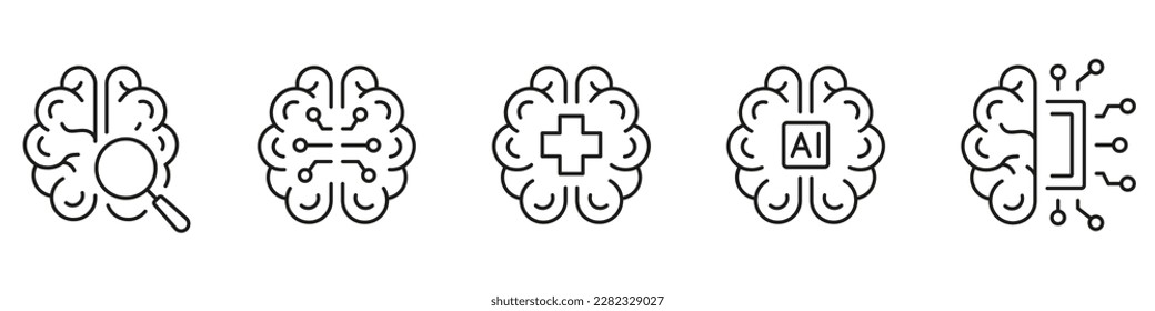 Human Brain AI Concept Black Line Icon Set. Neurology Science, Digital Technology Linear Pictogram. Artificial Intelligence Symbol on White Background. Editable Stroke. Isolated Vector Illustration.