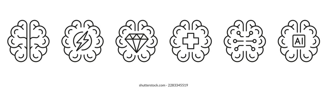 Human Brain AI Concept Black Line Icon Set. Artificial Intelligence, Human Mind, Brainstorm, Stress Symbol on White Background. Editable Stroke. Isolated Vector Illustration.