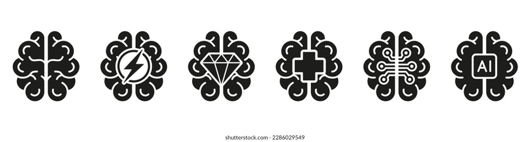 Conjunto de iconos de silueta negra con el concepto de IA cerebral humana. Mente humana, Brainstorm, Sólido de estrés sobre fondo blanco. Signo de glifo de inteligencia artificial. Ilustración de vectores aislados.