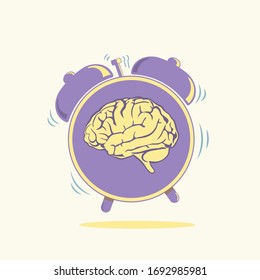 Human brain with alarm clock symbol vector illustration. Modern lifestyle concept. Healthcare issues symbolic image.