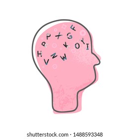 Human brain with alphabet symbols. Vector sign with stylized letters. 