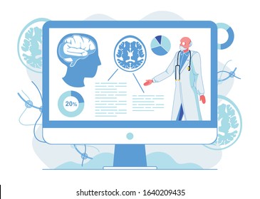 Human Brain Analysis Flat Vector Illustration. Doctor, Professor Explaining Brain Functioning Cartoon Character. Online Webinar on Human Memory Usage. Medical Education Internet Course