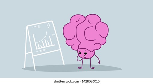 human brain analyzing financial graph on flip chart presenting statistics data report presentation concept pink cartoon character kawaii style horizontal hand drawn