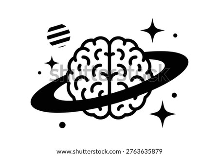 Human brain anatomy as planet, saturn rings, galaxy stars, science concept graphic, intelligence cosmic metaphor.