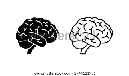 Human Brain Anatomy Vector Icons: Neurology, Intelligence, Thought, and Mental Health Concept Symbols in Solid and Outline Styles