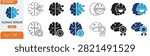 Human brain and artificial intelligence icon collection featuring neural network, machine learning, digital thinking, innovation, smart technology, cognitive science, brain power, engineering, and future AI concept symbols isolated on white background.