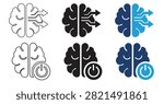 Human brain and artificial intelligence icon collection featuring neural network, machine learning, digital thinking, innovation, smart technology, cognitive science, brain power, engineering, and future AI concept symbols isolated on white background.