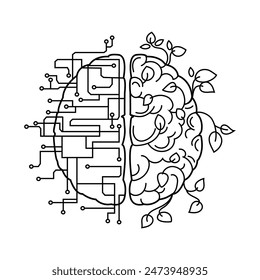 Human brain and Artificial intelligence brain Line art icon, sign, emblem, logo. Creative and analytical intelligence