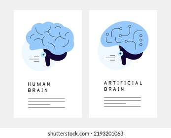 Human Brain And Artificial Brain. Simple Flat Illustrations. Vector File.