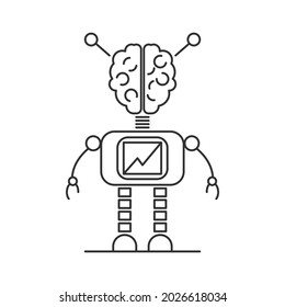 Human brain attached to a robot body. Cyborg icon. Outline thin line flat illustration. Isolated on white background. 