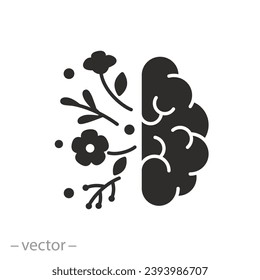 cerebro humano con icono de flores hermosas, salud mental de bienestar, armonía de felicidad, pensamiento positivo, símbolo plano sobre fondo blanco - ilustración vectorial