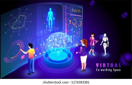Human brain between digital rays, medical people analysis the process together through VR glasses, futuristic medieval era. Isometric design for Virtual Co-Working Space concept.