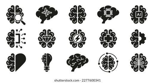 Human Brain Black Silhouette Icon Set, AI Concept. Brainstorm, Artificial Intelligence, Stress, Human Mind Solid Symbol Collection on White Background. Isolated Vector Illustration.
