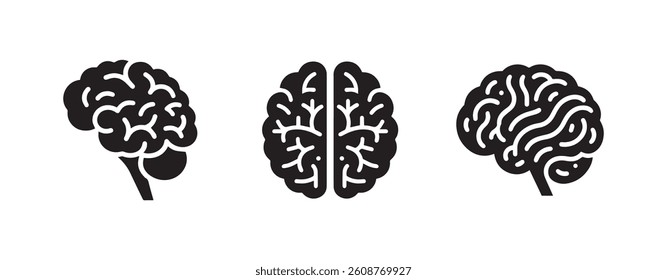 Human brain black silhouette isolated vector on white background, clip art bundle
