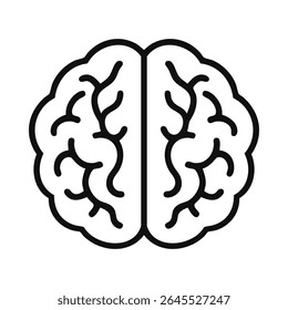 Human brain black, white outline icon. Symmetrical top view design with stylised cerebral folds, ideal for educational, medical, psychology and neuroscience themes.
