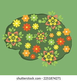 Human brain with blooming flowers on green background