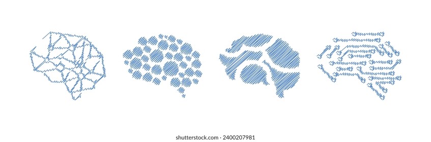 Human Brain Blue Icon and Drawn Symbol Vector Set
