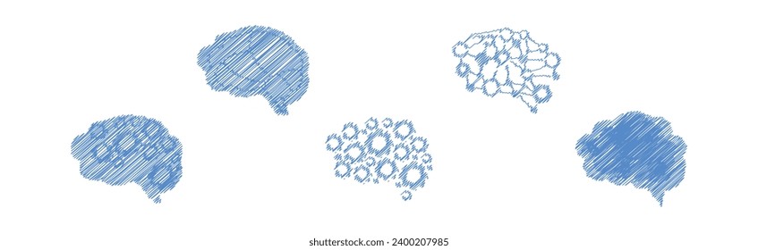 Icono azul del cerebro humano y conjunto de vectores de símbolo dibujado