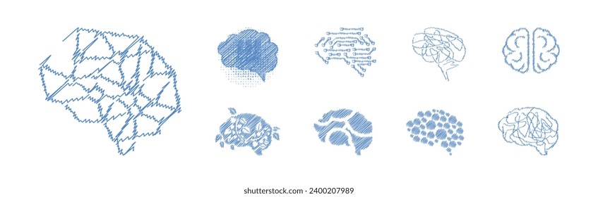 Human Brain Blue Icon and Drain Symbol Vector Set