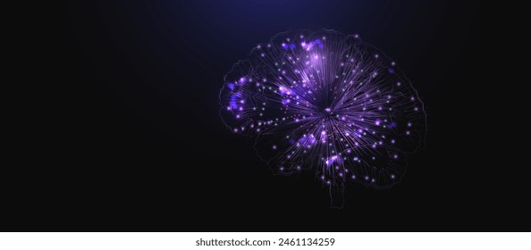 Human brain with blue and purple neural connection lines and glowing. Colorful brain. Vector Illustration