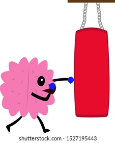 human brain in boxing gloves beats punching bag active cartoon character for design objects on a white background