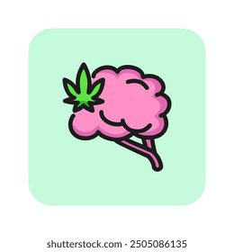 Human brain with cannabis symbol line icon. Drug addiction, hemp influence, addiction clinic. Cannabidiol concept. Vector can be used for topics like narcotic, medical service, pharmacy