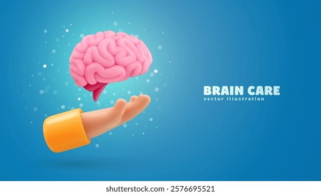 Human brain care. Mental health, wellness, emotional and cognitive balance. 3d hand holding human brain on blue background. Vector illustration.