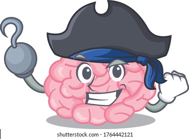 Human brain cartoon design style as a Pirate with hook hand and a hat