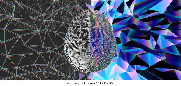 Human brain cerebral hemispheres left and right functions abstract demonstration concept illustration isolated on blue and purple pink multicolor polygonal holographic art background style