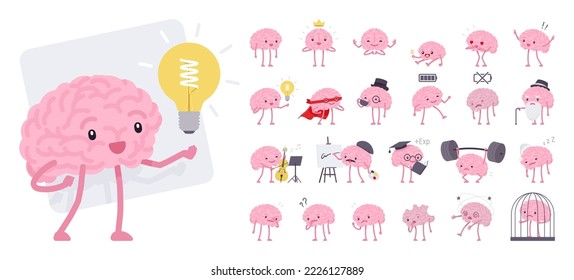 Human brain character bundle. Healthy inspired active memory, surprise, strong positive emotion, conscious focused intellect, neuroscience, medical care, development. Vector flat style illustration