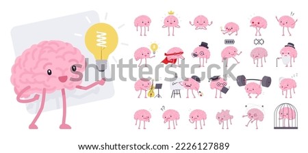 Human brain character bundle. Healthy inspired active memory, surprise, strong positive emotion, conscious focused intellect, neuroscience, medical care, development. Vector flat style illustration