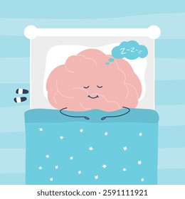 Human brain character has a healthy sleep in the bed. Brain mascot under blanket in bed is sleeping and relax. Bedtime, night, top view. flat vector illustration