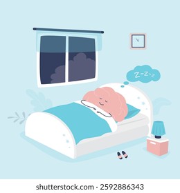 Human brain character has a healthy sleep in the bed. Brain mascot under blanket in bed is sleeping and relax. Bedtime, night. Room interior. flat vector illustration