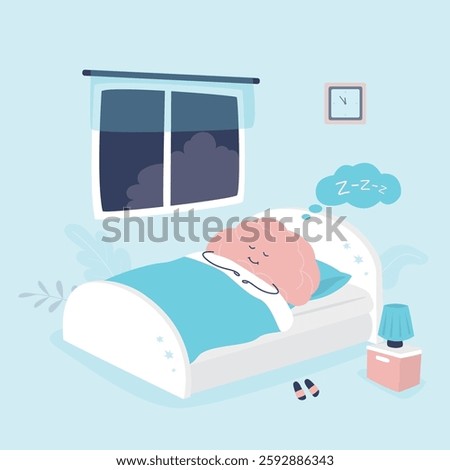 Human brain character has a healthy sleep in the bed. Brain mascot under blanket in bed is sleeping and relax. Bedtime, night. Room interior. flat vector illustration