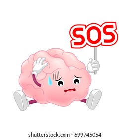 Human brain character holding sos sign. Brain requires care or medical treatment due to disease or impact of adverse on health. health care concept. Illustration isolated on white background.