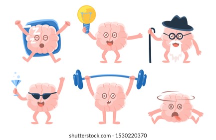 Human Brain Characters in Different Situations, Funny Cartoon Emoticons Vector Illustration