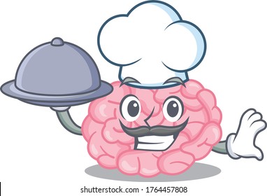 Human brain chef cartoon character serving food on tray
