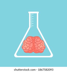 Human brain in chemical flask in flat design. Brain test. Brain experiment. Psychological therapy and treatment. IQ test.