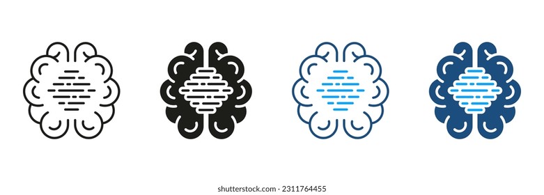 Human Brain with Circuit, Digital Technology Black and Color Symbol Collection. Artificial Intelligence Pictogram. Tech Science Silhouette and Line Icons Set. Isolated Vector Illustration.