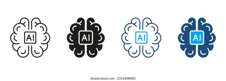 Cerebro humano con pictograma de circuito. Concepto de tecnología digital. Conjunto de silueta de inteligencia artificial e iconos de línea. Colección de símbolos de color y negro de la ciencia tecnológica. Ilustración de vectores aislados.