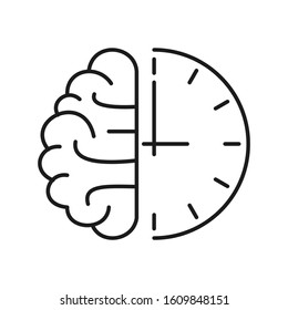 Human brain and clock icon. Outline thin line flat illustration. Isolated on white background. 