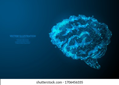 Human brain close up. Organ anatomy. Infrared computer mind, neurons, artificial intelligence, creative idea. Innovative medicine and technology. 3d low poly wireframe isolated vector illustration.