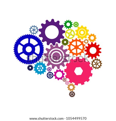 Human brain with colorful brain flat gears. Vector illustration of gears brain colorfully on white background.