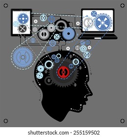 human brain communicating with technology, vector